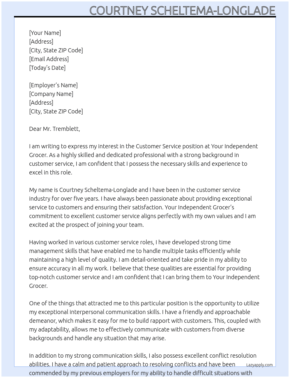 Customer service  At Your independent grocer Cover Letter
