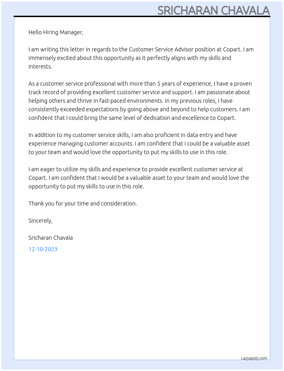 Customer Service Advisor At Copart Cover Letter