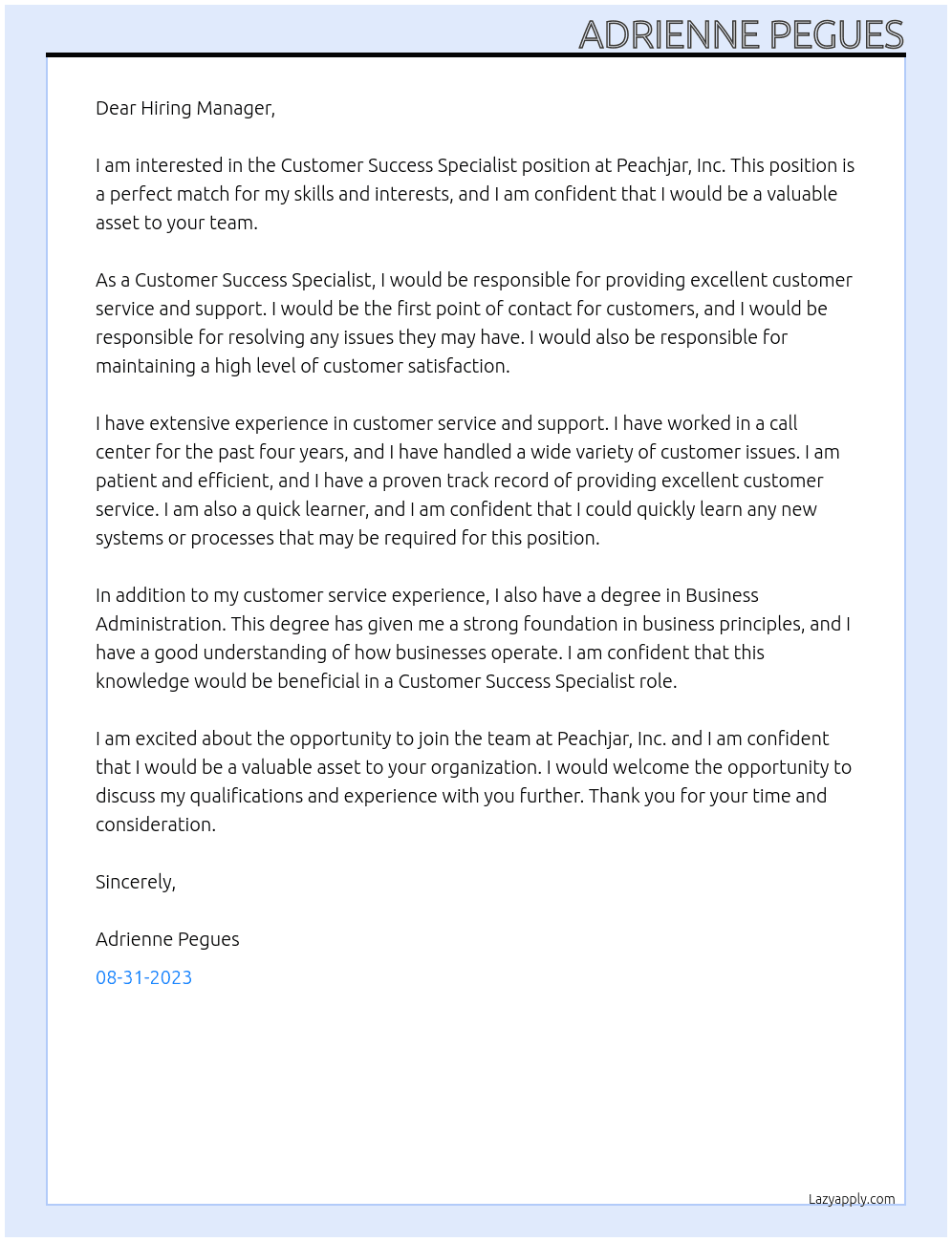 Customer Success Specialist  At Peachjar, Inc Cover Letter