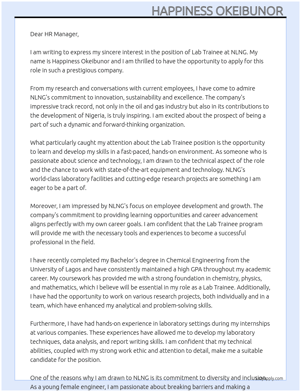 Cover letter for lab trainee - LazyApply
