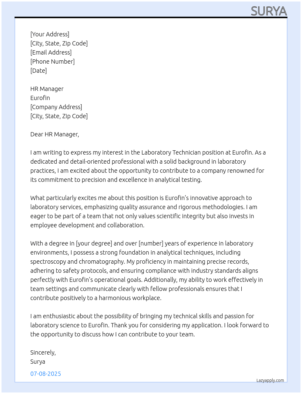 Laboratory technician  At Eurofin Cover Letter
