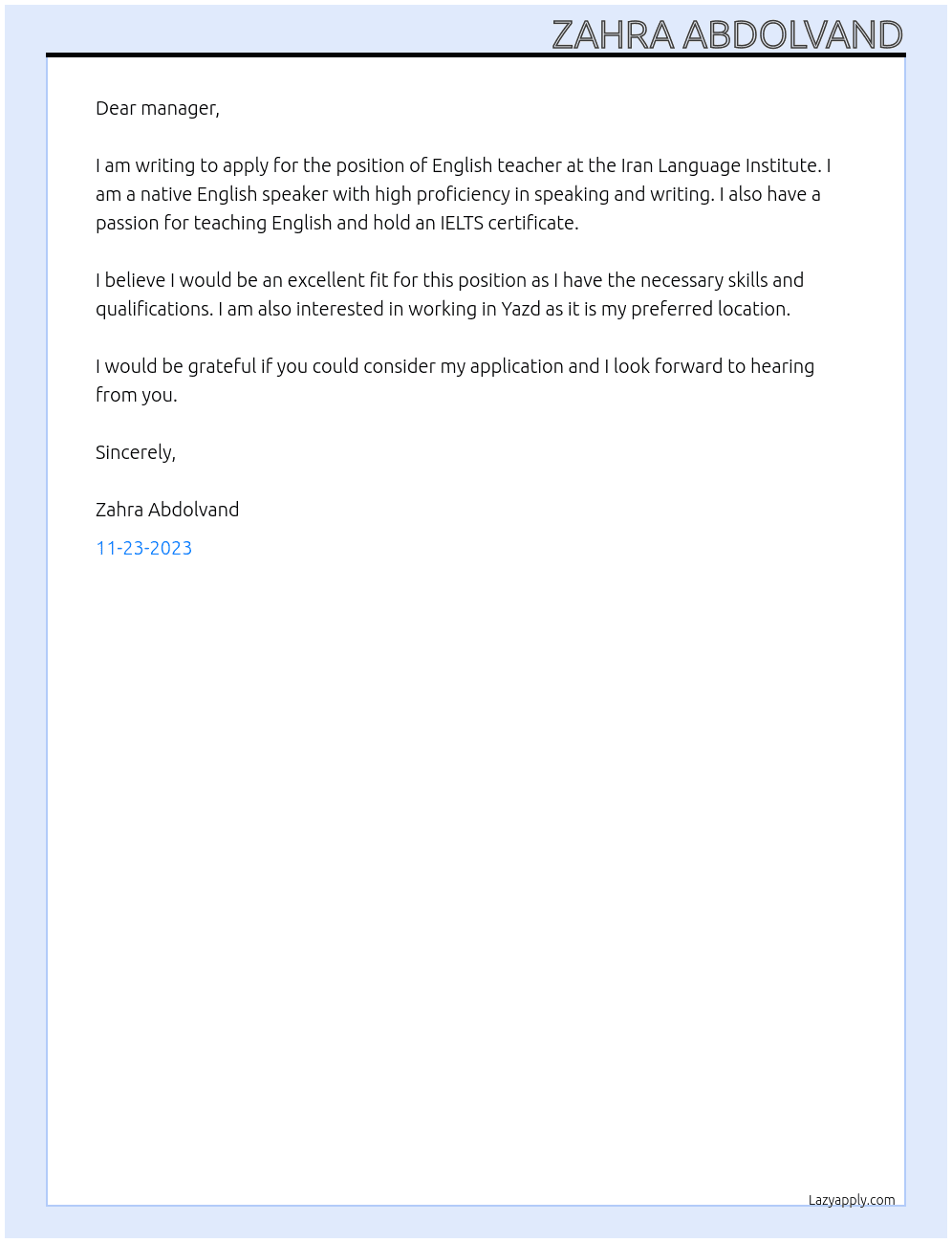 english teacher At Iran Language Institute Cover Letter