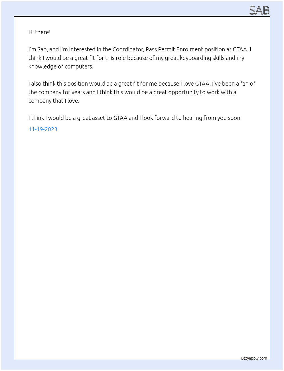  Coordinator, Pass Permit Enrolment At GTAA Cover Letter
