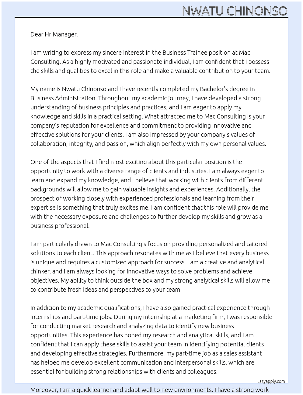 Business Trainee At Mac Consulting  Cover Letter
