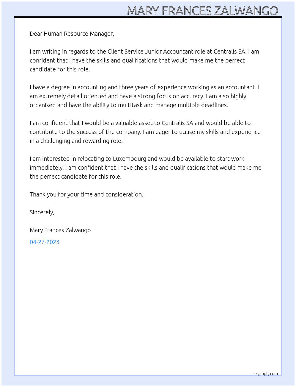 Client Service Junior Accountant  At Centralis SA Cover Letter