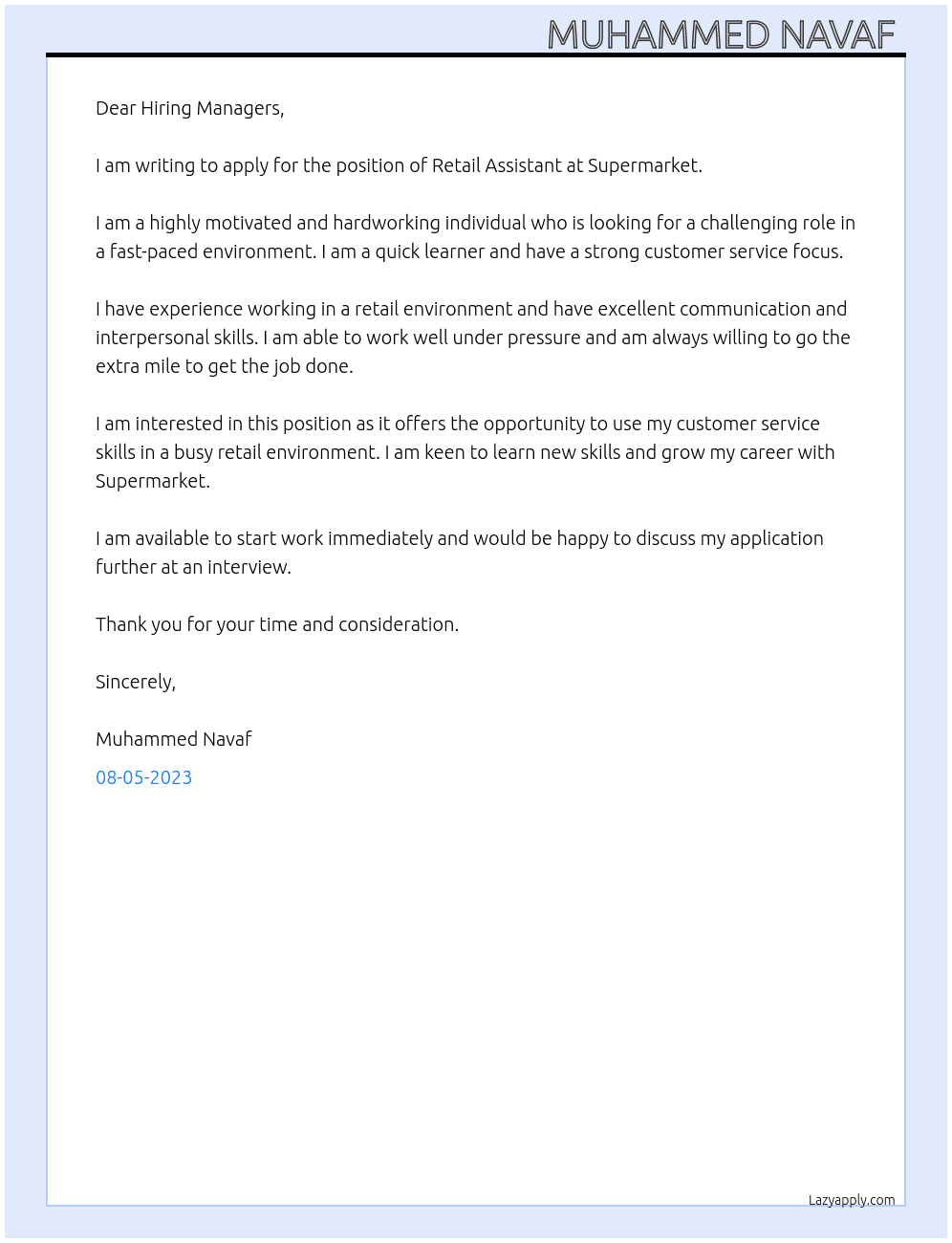 Retail Assistant  At Supermarket  Cover Letter