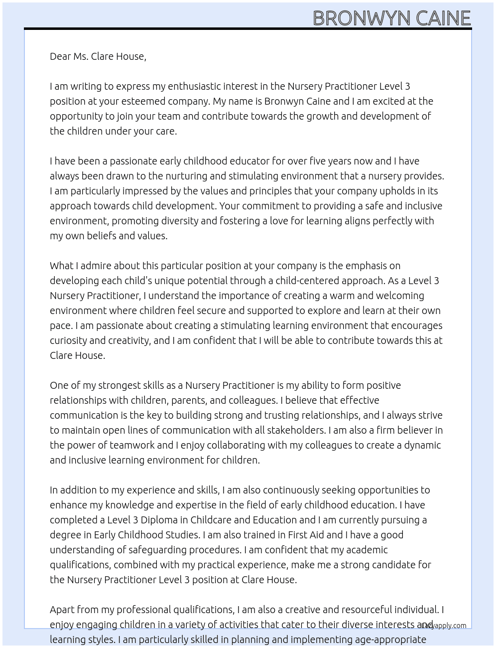 Nursery Practitioner Level 3 At Clare House Cover Letter