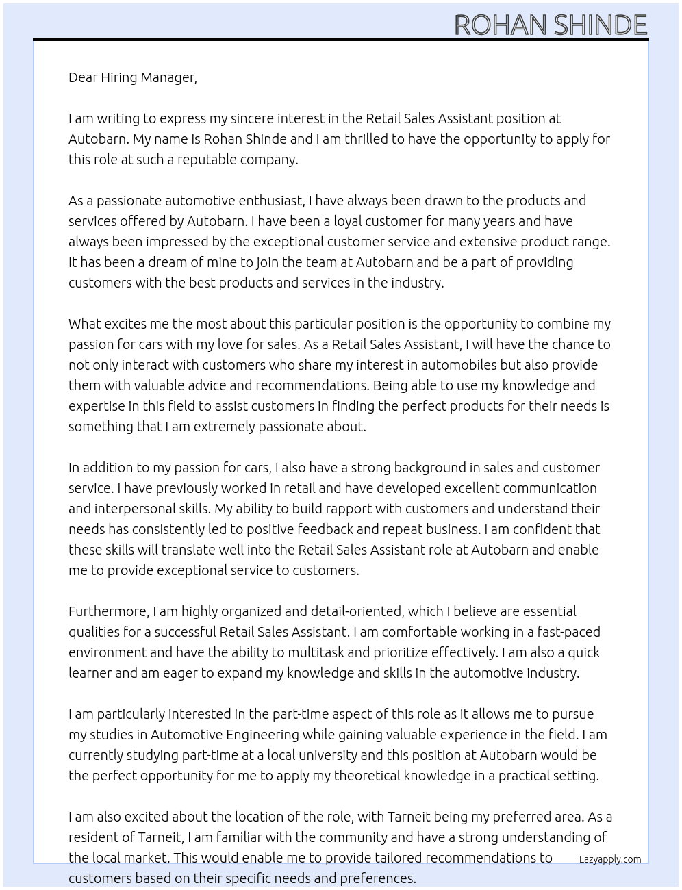 Retail Sales Assistant At Autobarn Cover Letter