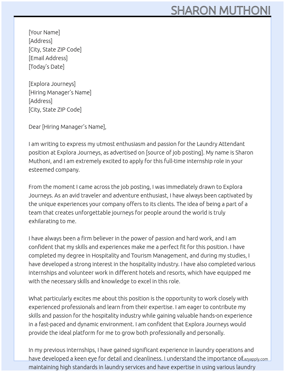 Laundry Attendant  At Explora Journeys  Cover Letter