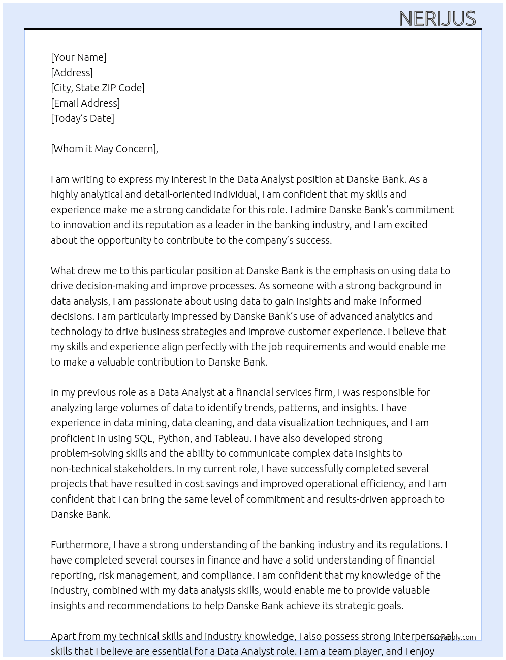 Data analyst At Danske Bank Cover Letter