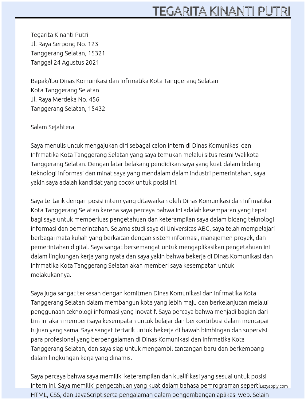 Internship At Walikota Tanggerang Selatan Cover Letter
