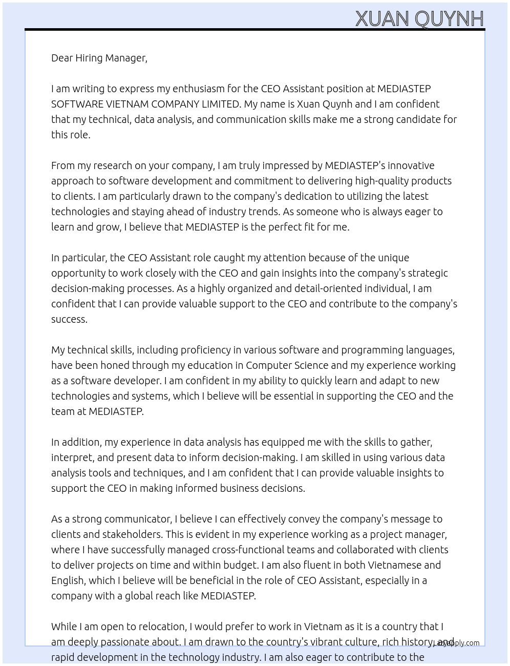 CEO Assisstant At MEDIASTEP SOFTWARE VIETNAM COMPANY LIMITED Cover Letter