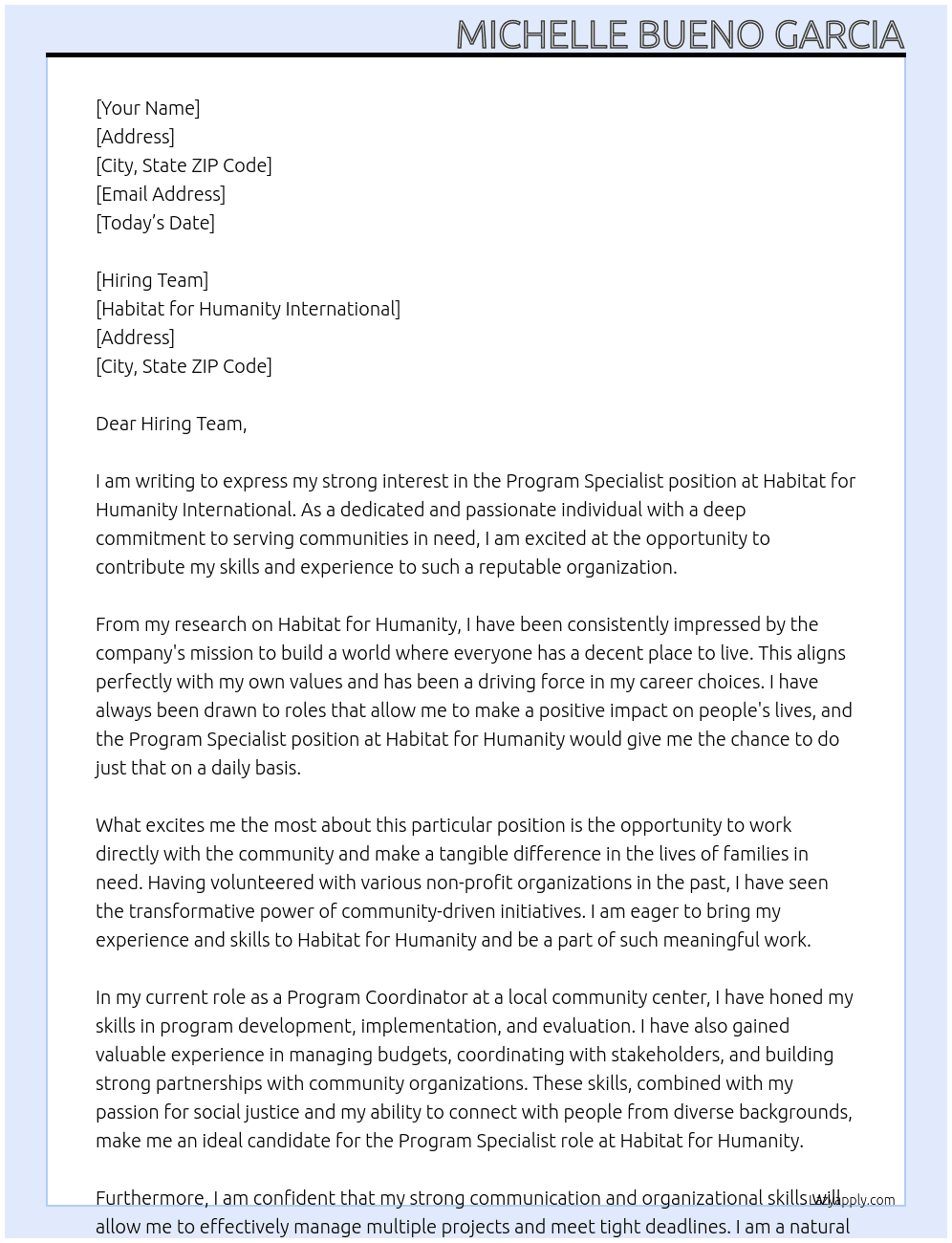 Program Specialist  At  Habitat for Humanity International Cover Letter