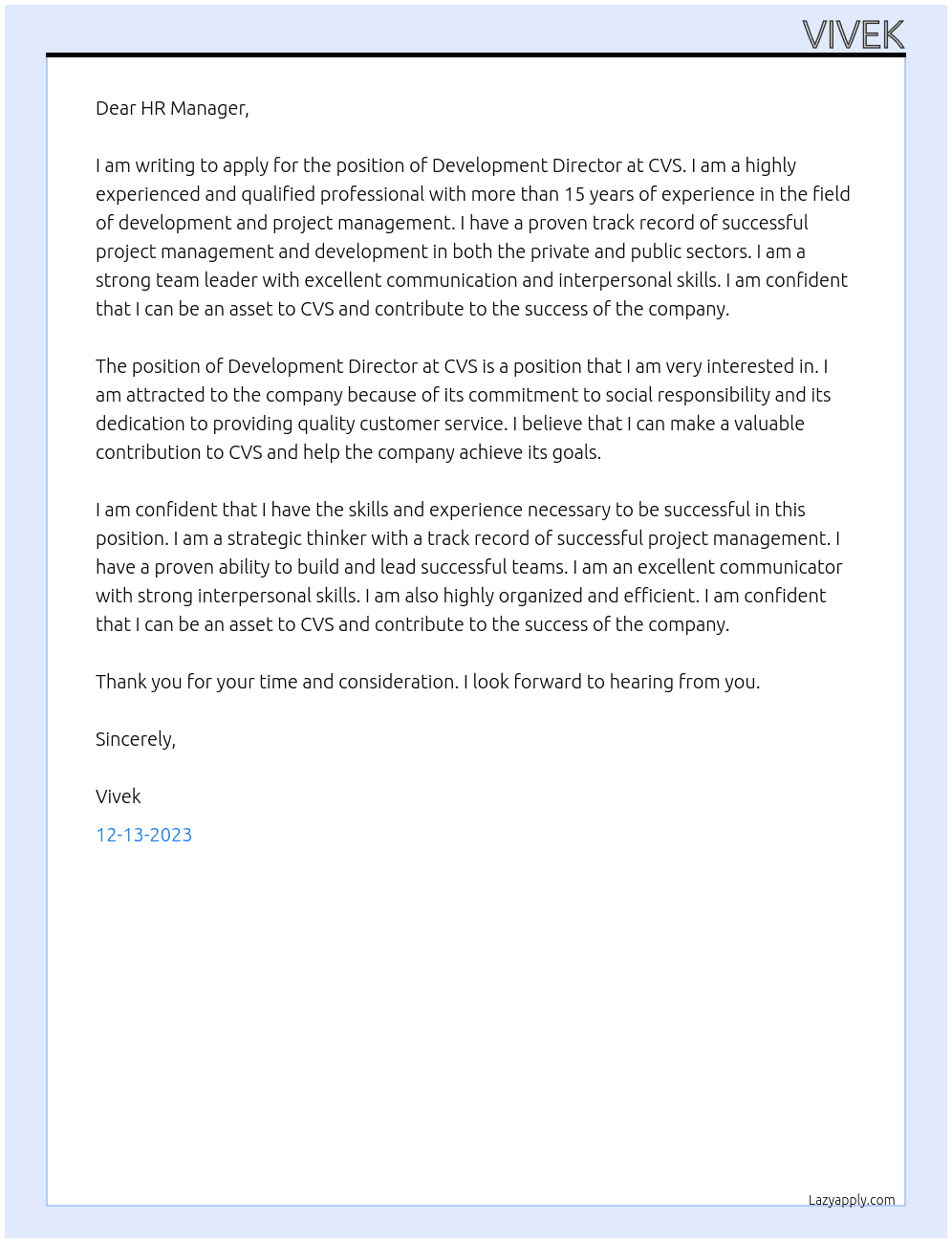 Development Director At CVS Cover Letter