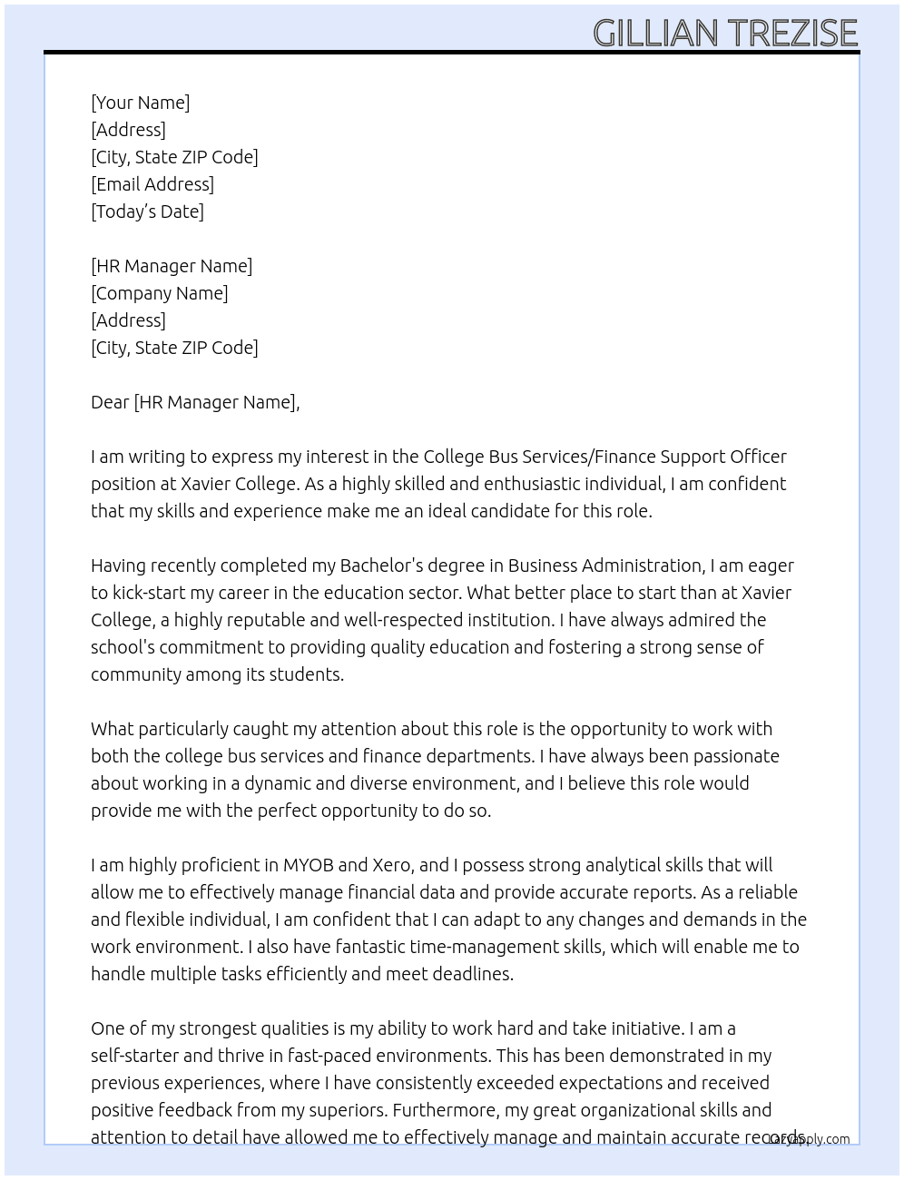 College bus services/ Finance support officer At Xavier College Cover Letter