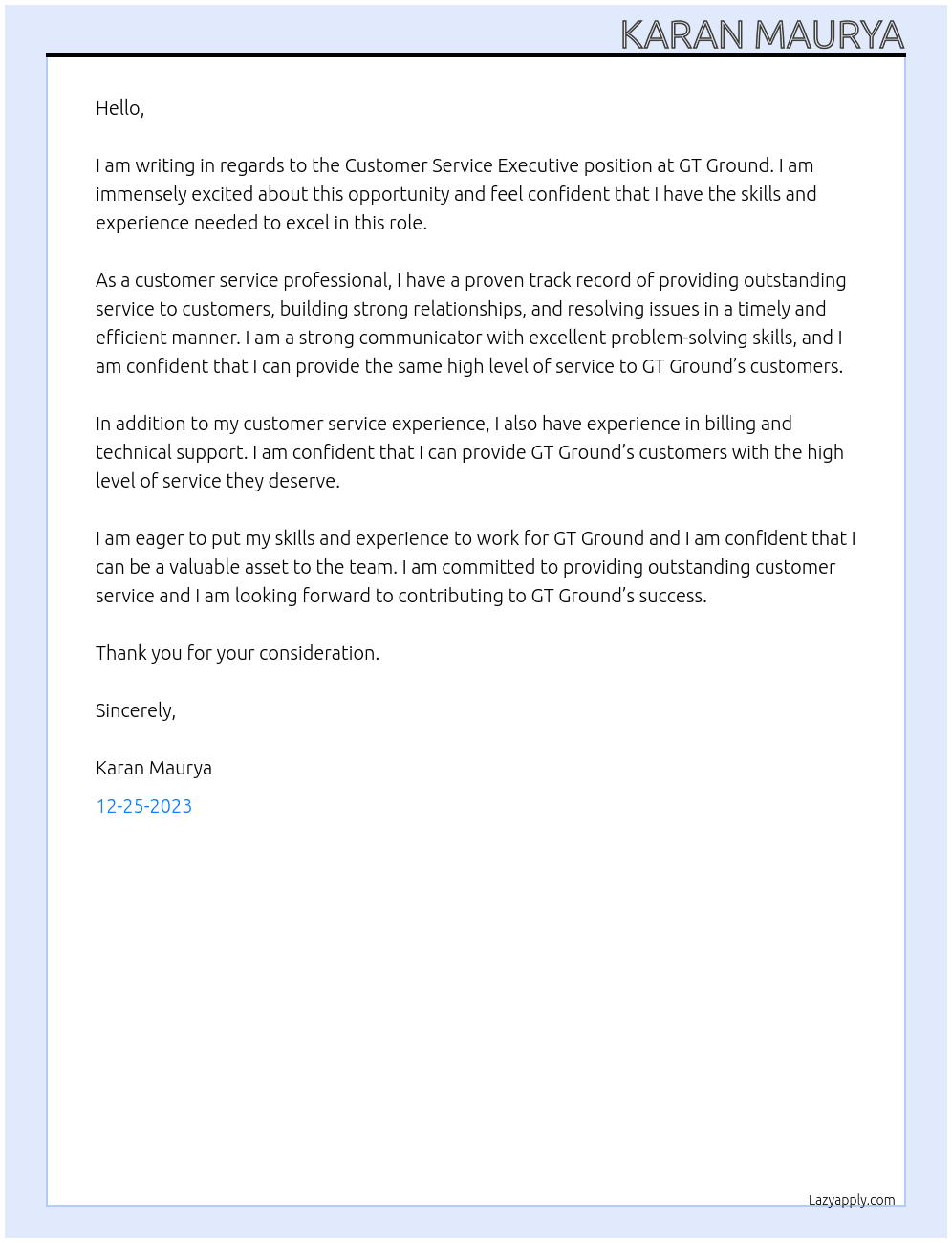 Customer service executive  At GT ground  Cover Letter