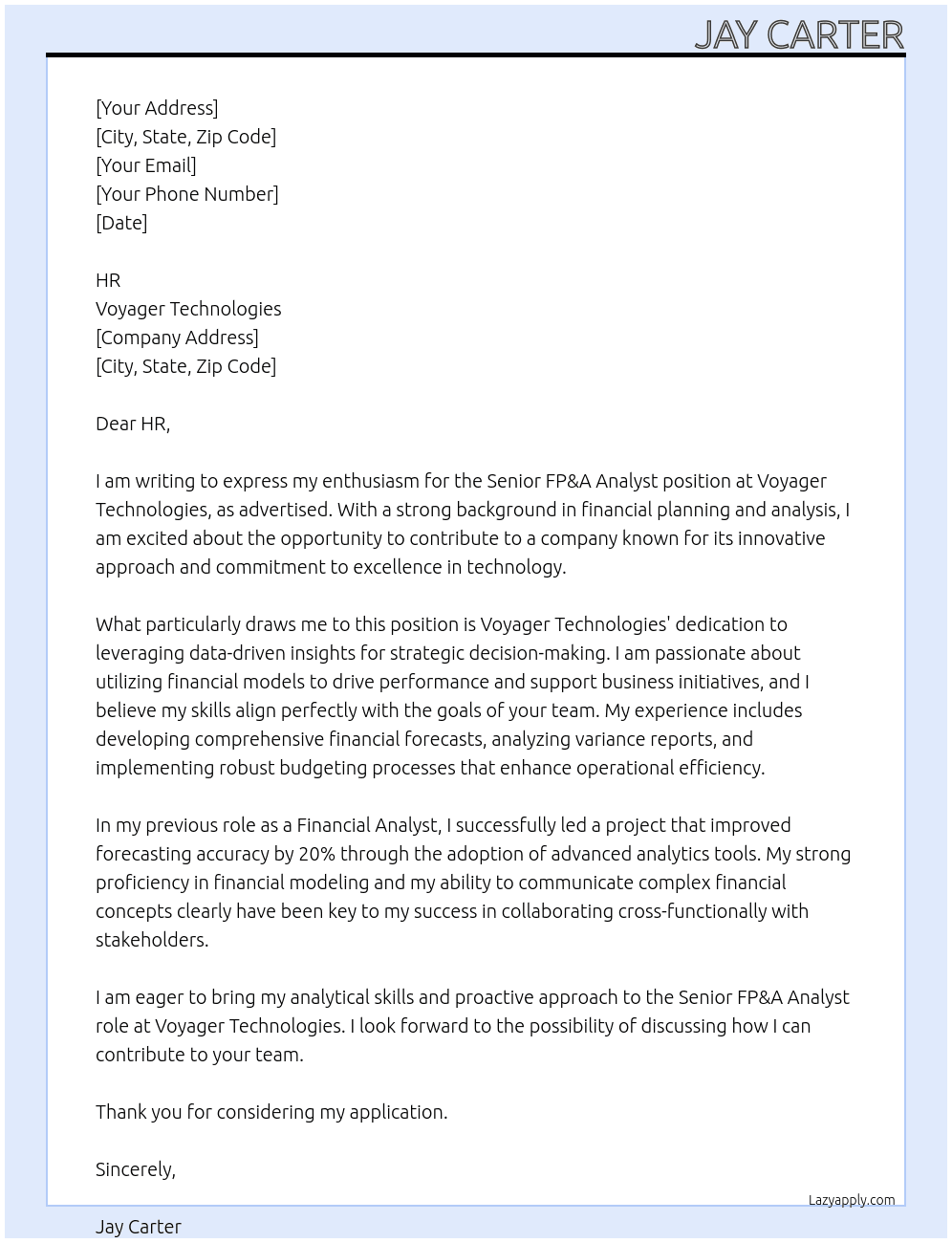 Senior FP&A Analyst At Voyager Technologies Cover Letter