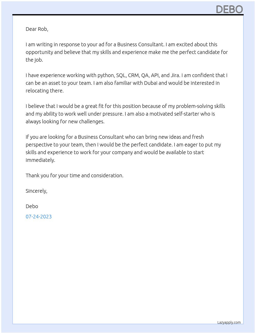 Business Consultant At company Cover Letter