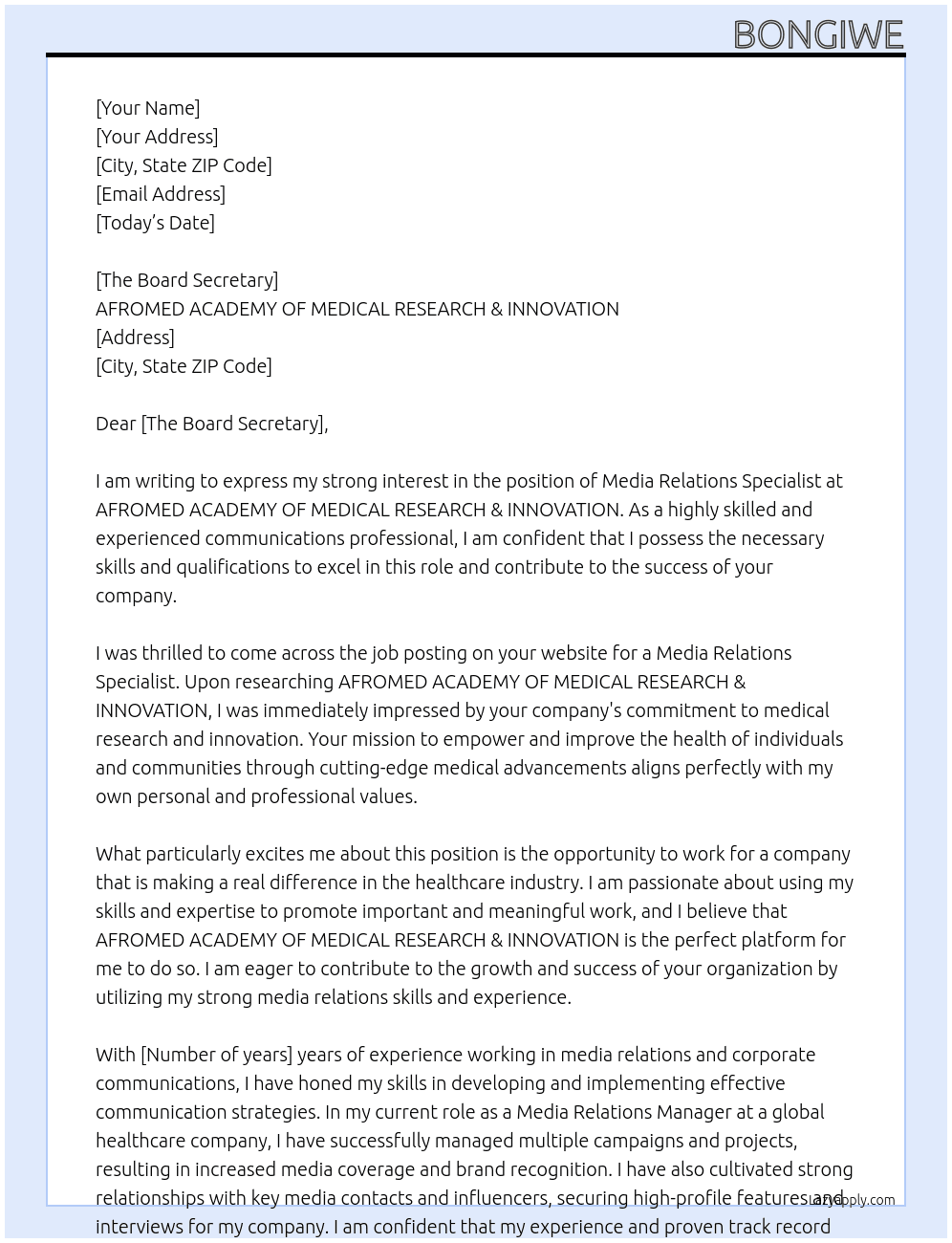 Media Relations Specialist At AFROMED ACADEMY OF MEDICAL RESEARCH & INNOVATION Cover Letter
