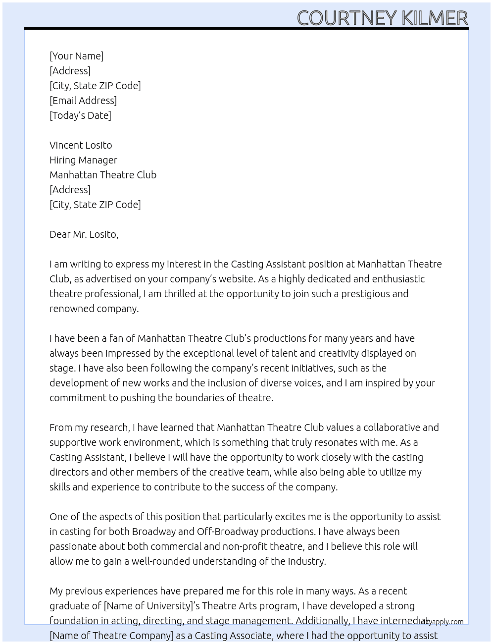 Casting Assistant At Manhattan Theatre Club Cover Letter
