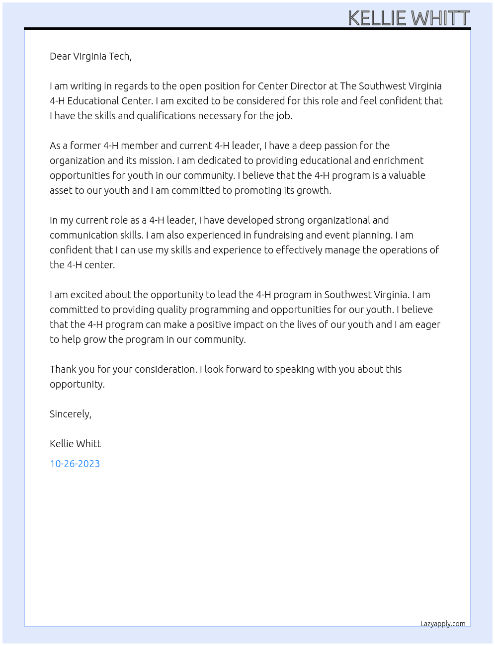 Center Director At The Southwest Virginia 4-H Educational Center Cover Letter