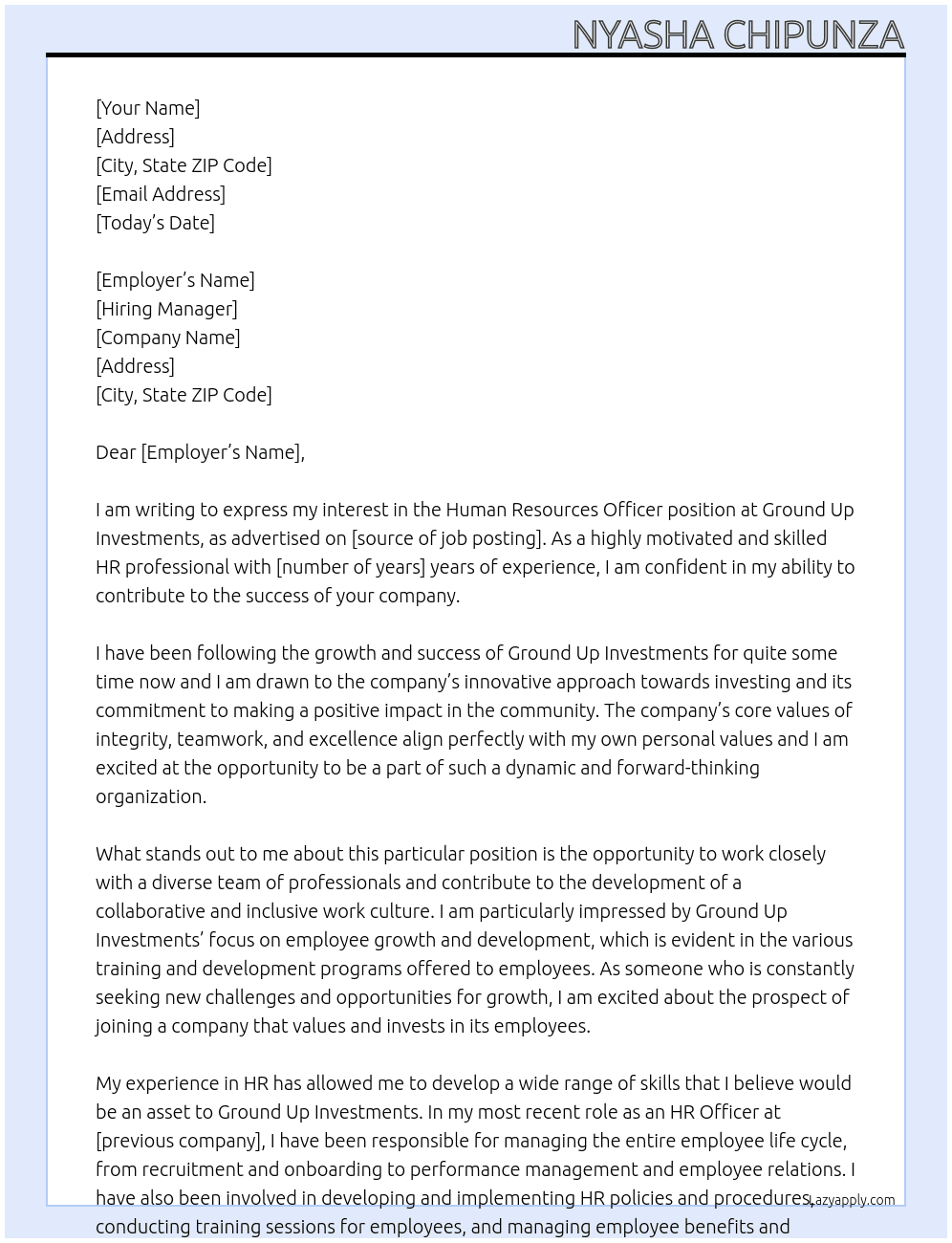 human resources officer  At ground up investnments Cover Letter
