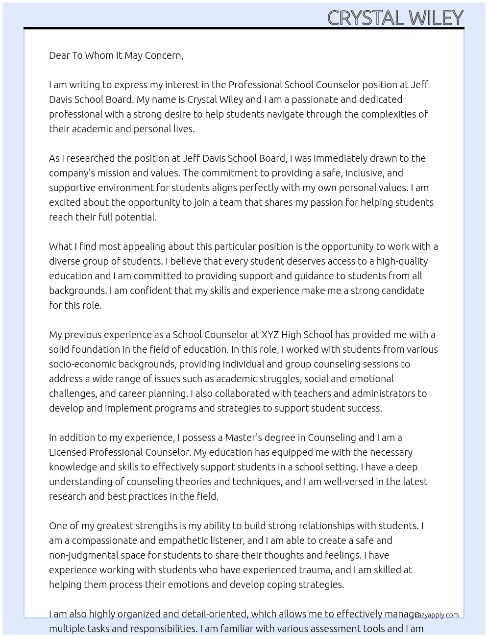 Professional School Counselor At Jeff Davis School Board Cover Letter