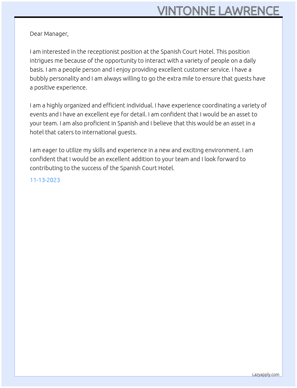 Receptionist  At Spanish Court Hotel  Cover Letter
