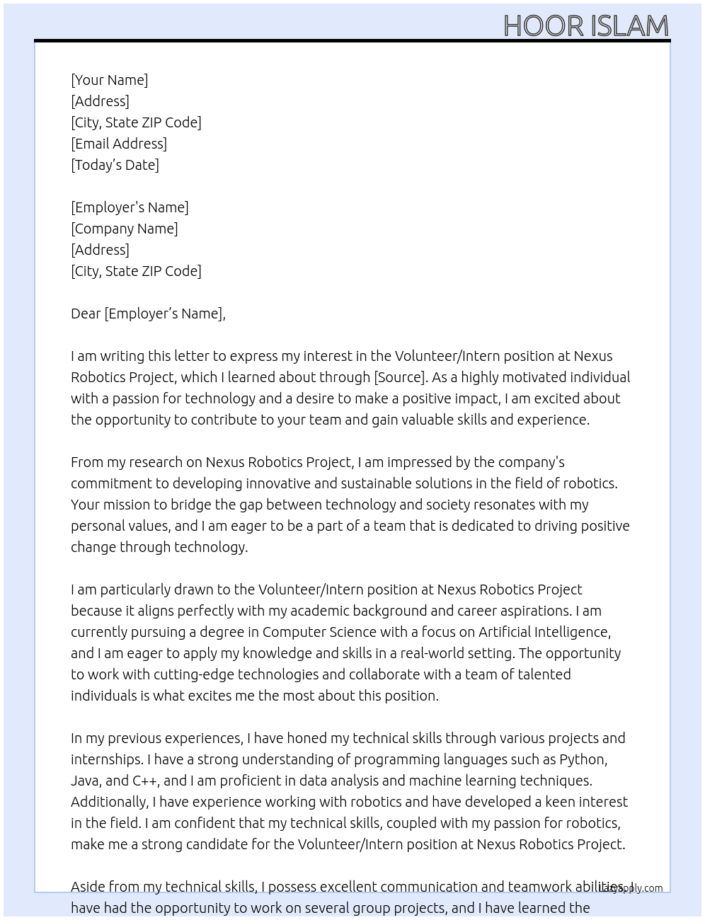 Volunteer/ Intern At Nexus Robotics Project    Cover Letter