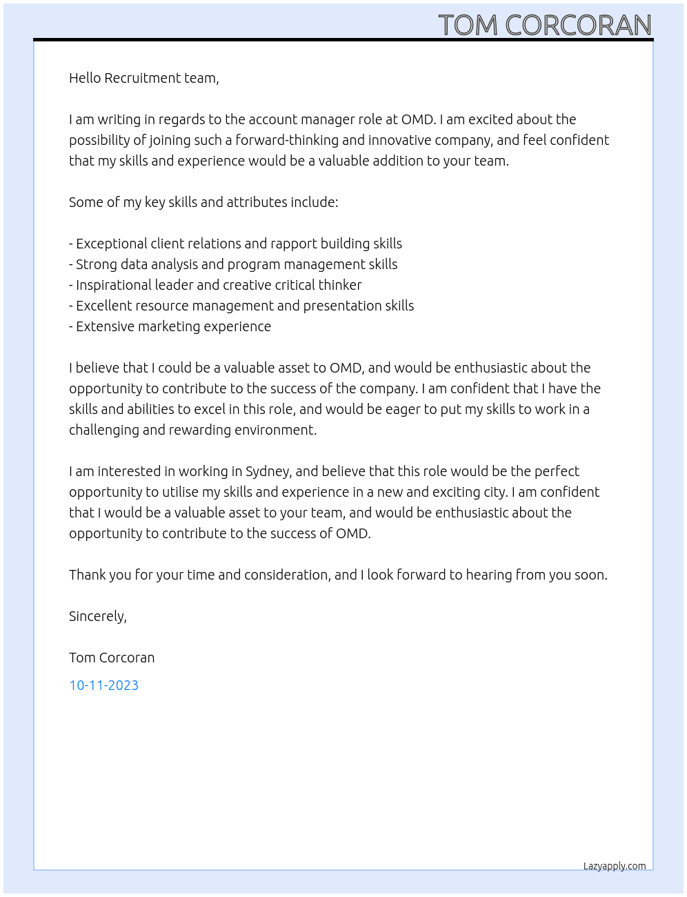 account manager At OMD Cover Letter
