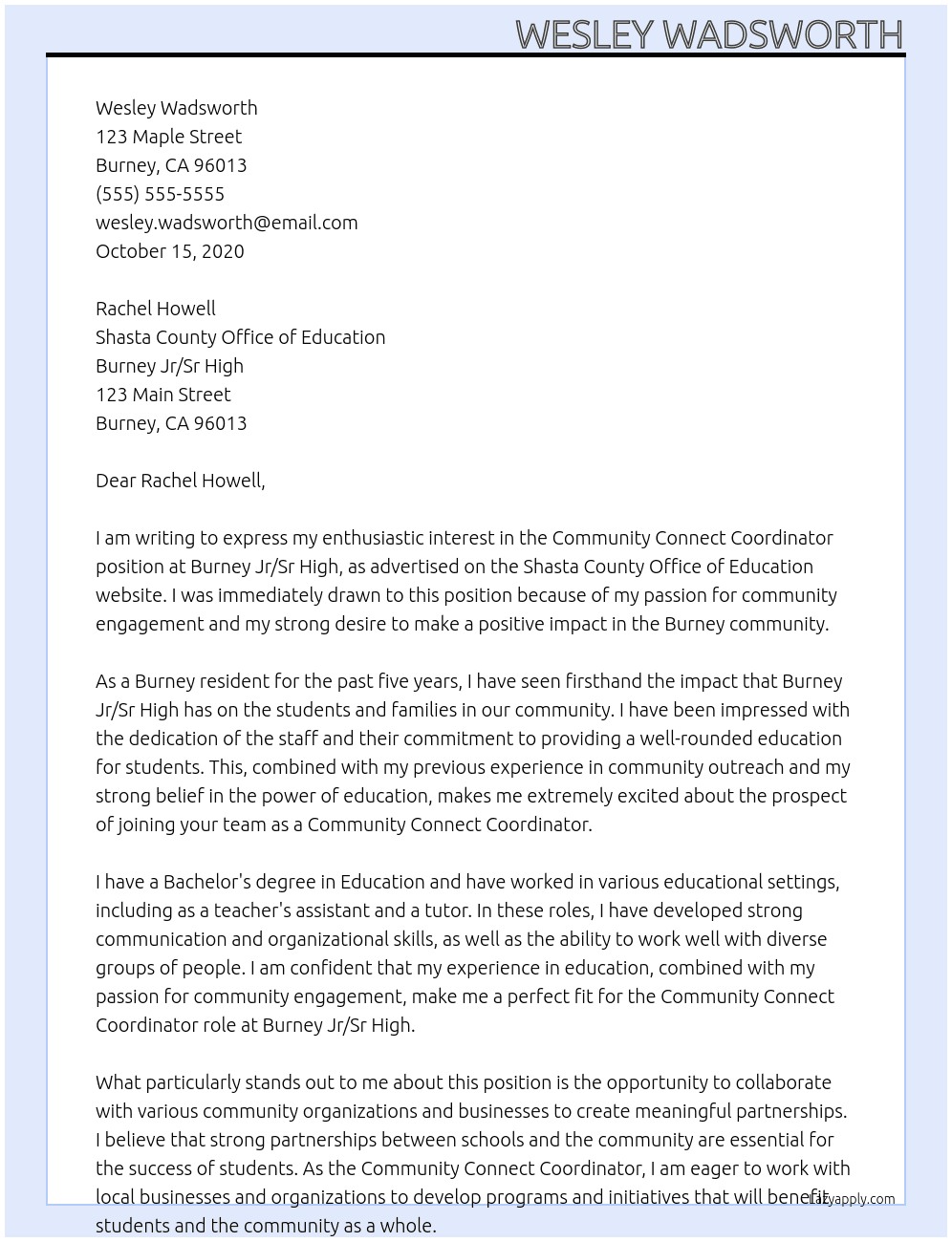 Community Connect Coordinator - Burney Jr/Sr High At Shasta County Office of Education Cover Letter