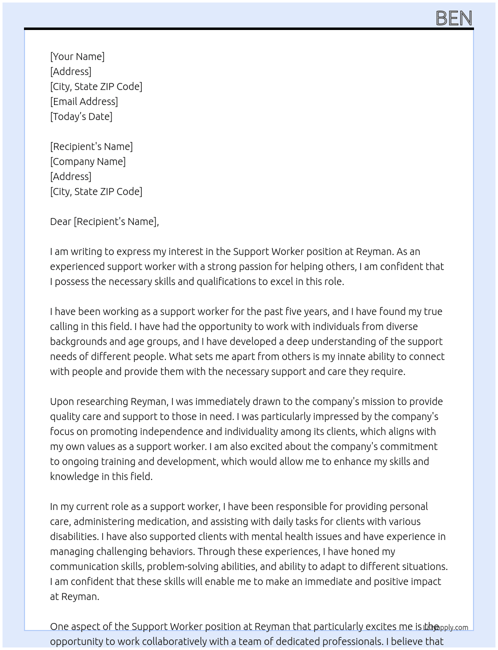 Support Worker At reyman Cover Letter