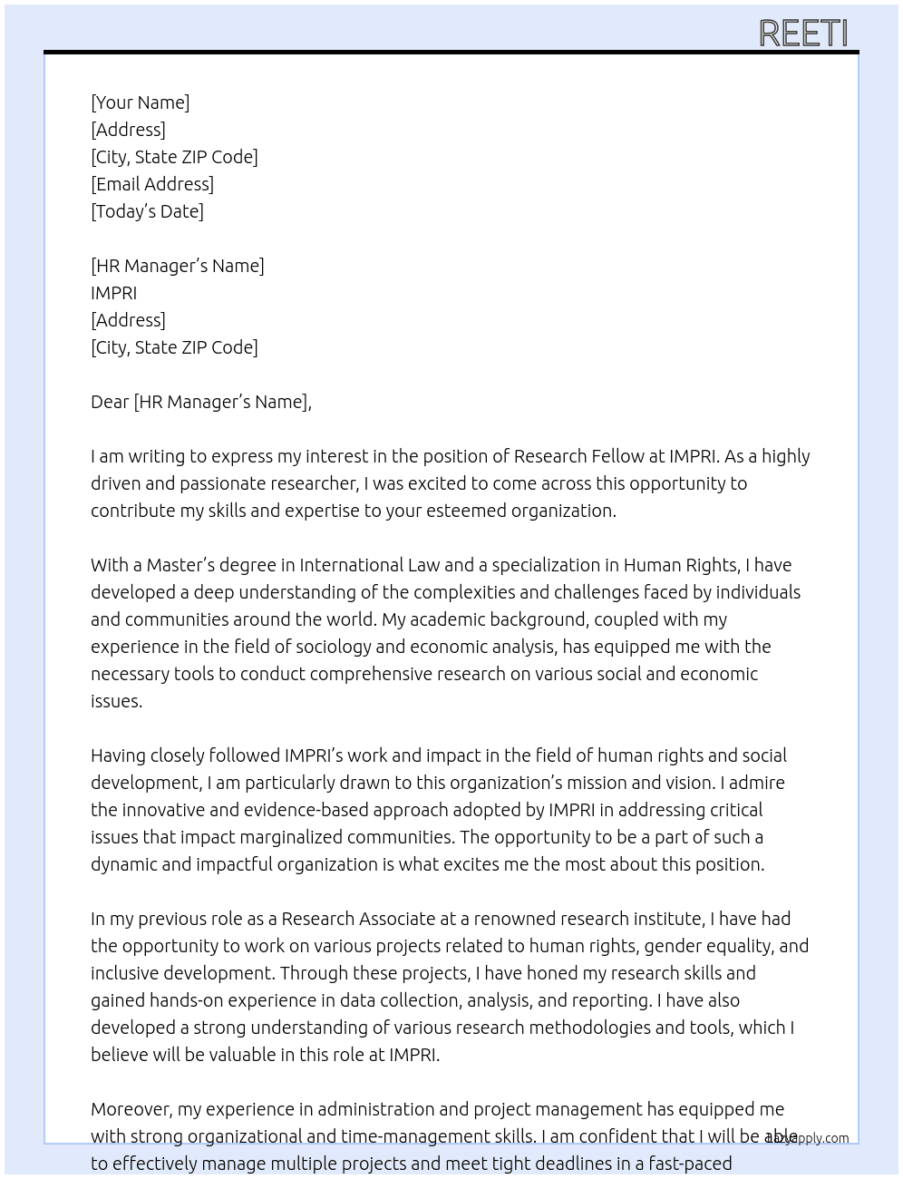 Research Fellow At IMPRI Cover Letter
