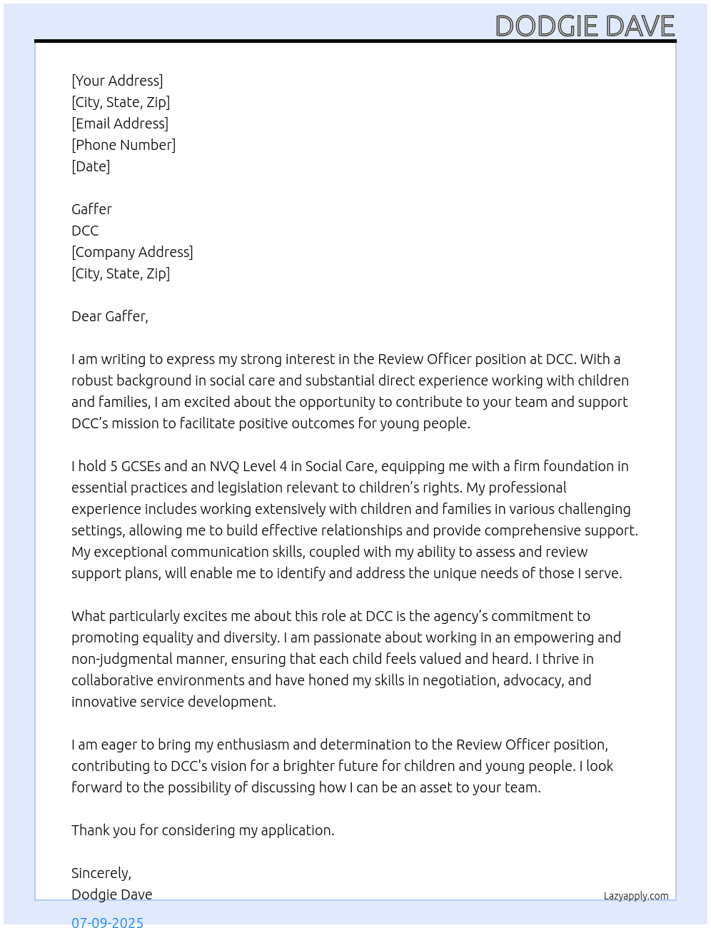 review officer At DCC  Cover Letter