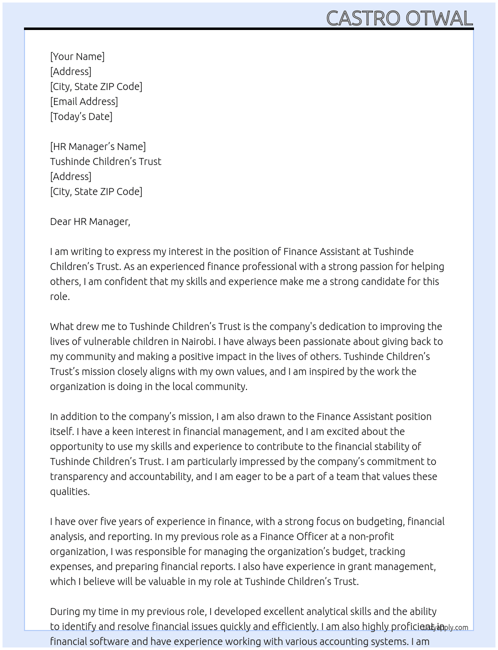 Finance Assistant At Tushinde Children's Trust Cover Letter