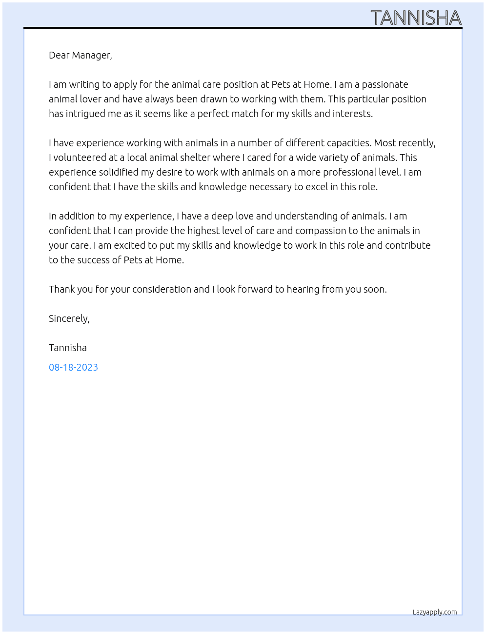 animal care At pets at home Cover Letter