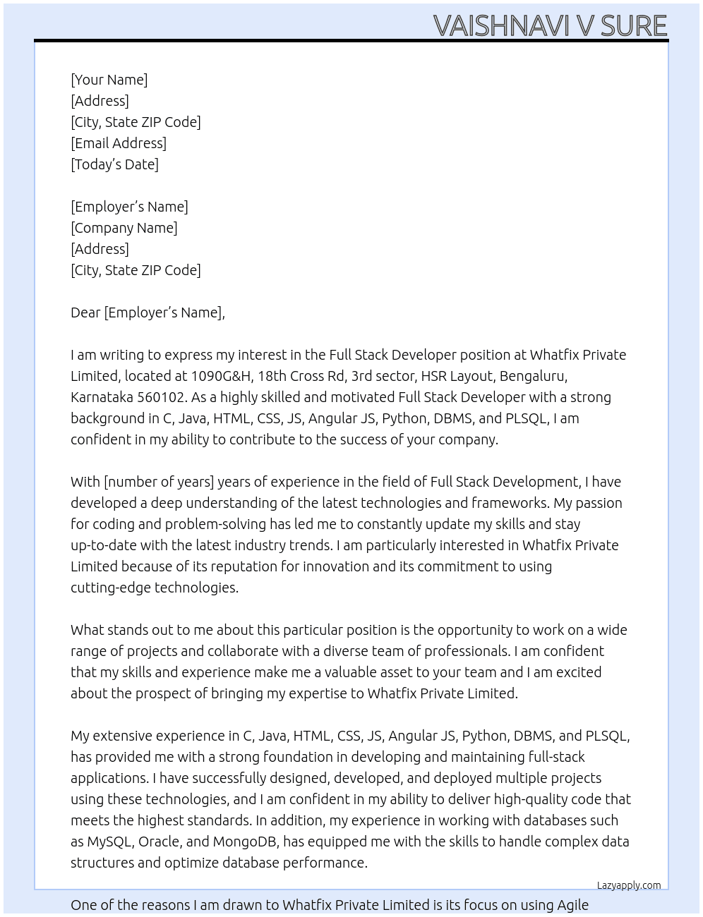 Full Stack Developer At Whatfix Private Limited Cover Letter