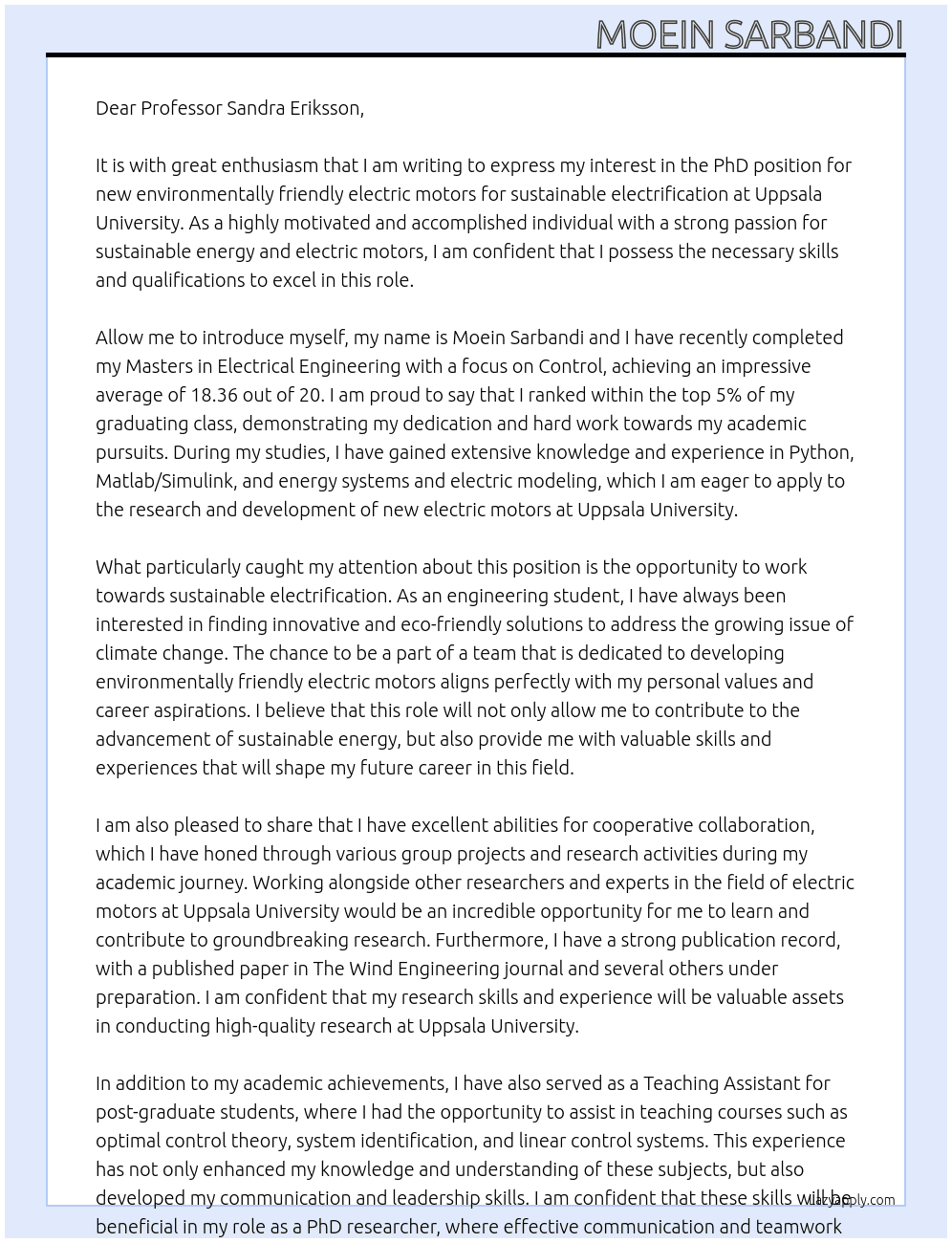 PhD position: New environmentally friendly electric motors for sustainable electrification At Uppsala University Cover Letter