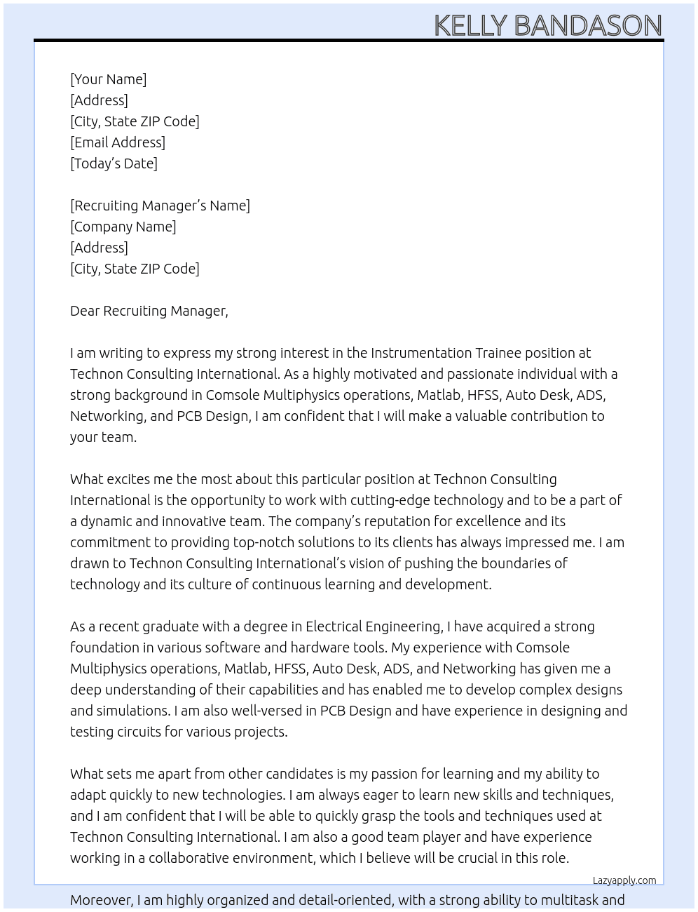 Instrumentation Trainee  At Technon Consulting International  Cover Letter