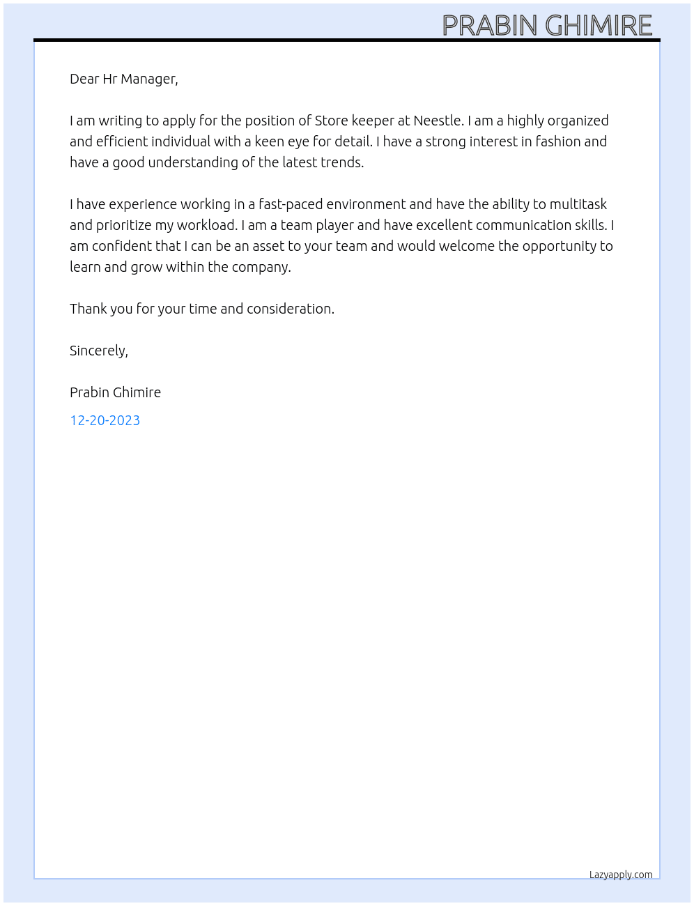 Store keeper  At Neestle Cover Letter