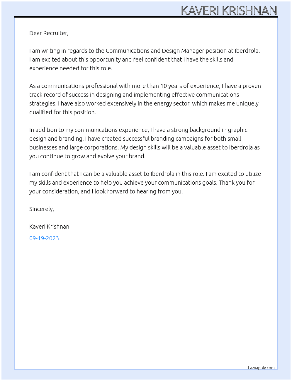 Communications and Design Manager At Iberdrola Cover Letter