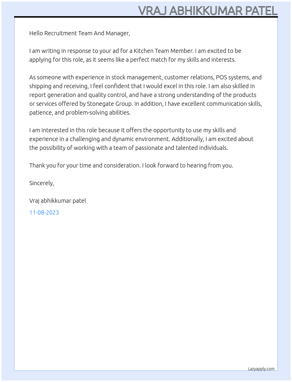 Kitchen Team Member At Stonegate Group Cover Letter