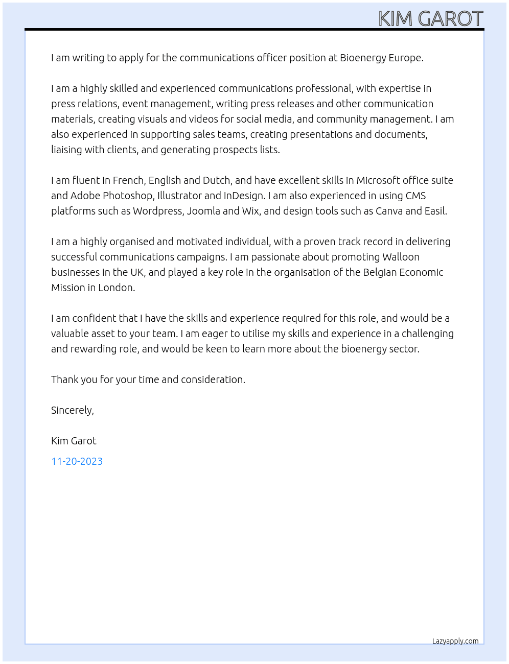 communications officer At Bioenergy Europe Cover Letter