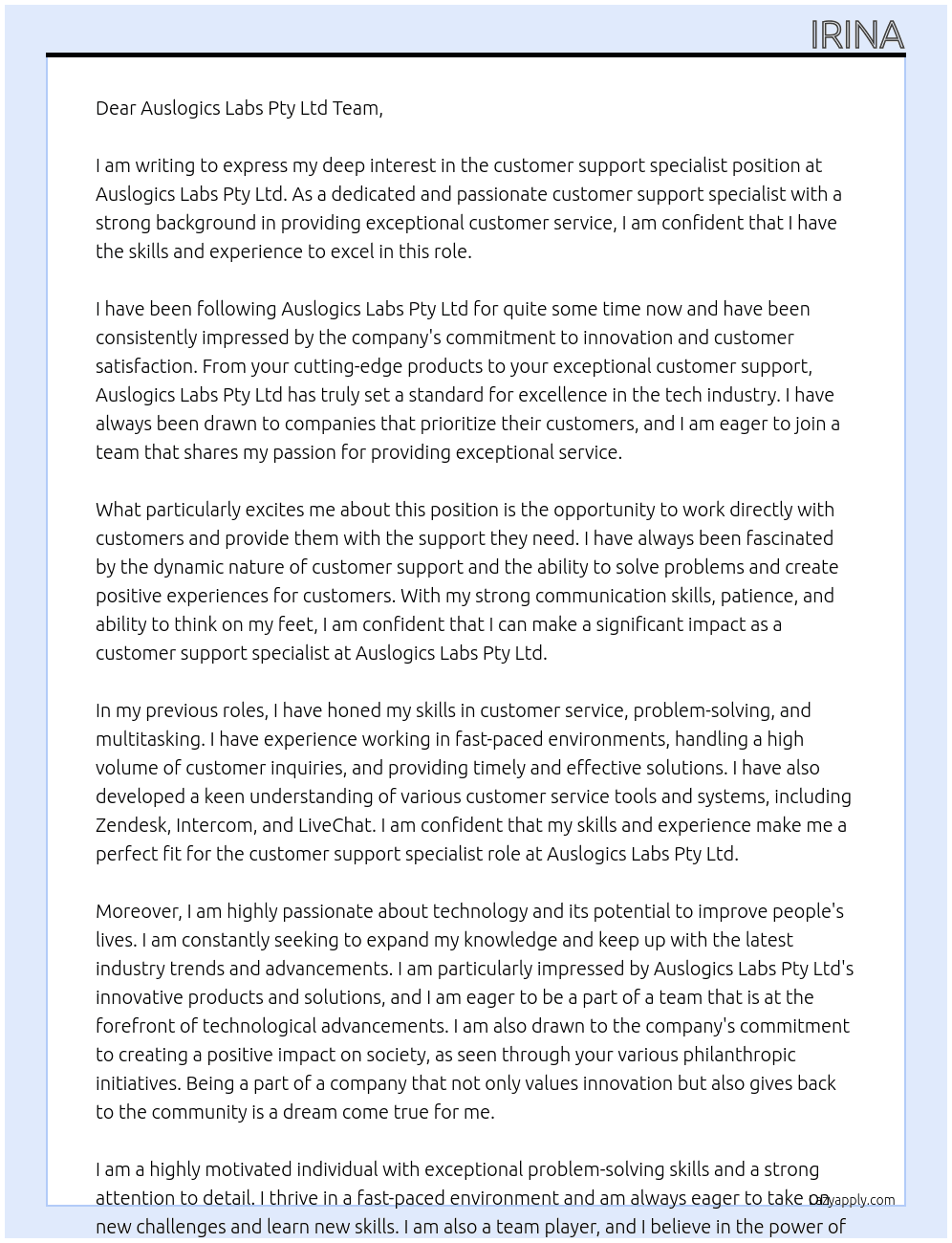 customer support specialist At Auslogics Labs Pty Ltd Cover Letter