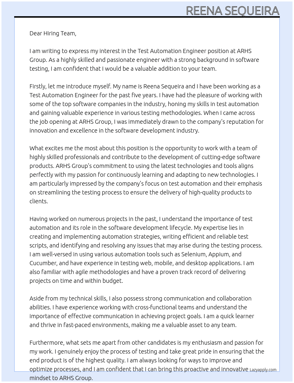 Test Automation Engineer At ARHS Group Cover Letter