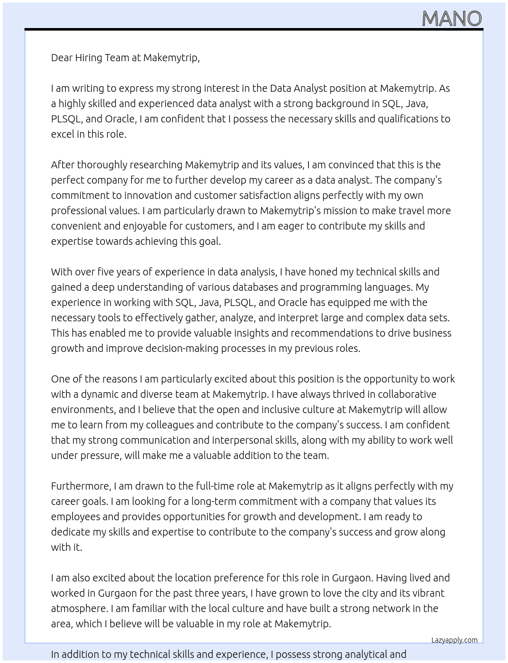 Data analyst At Makemytrip Cover Letter