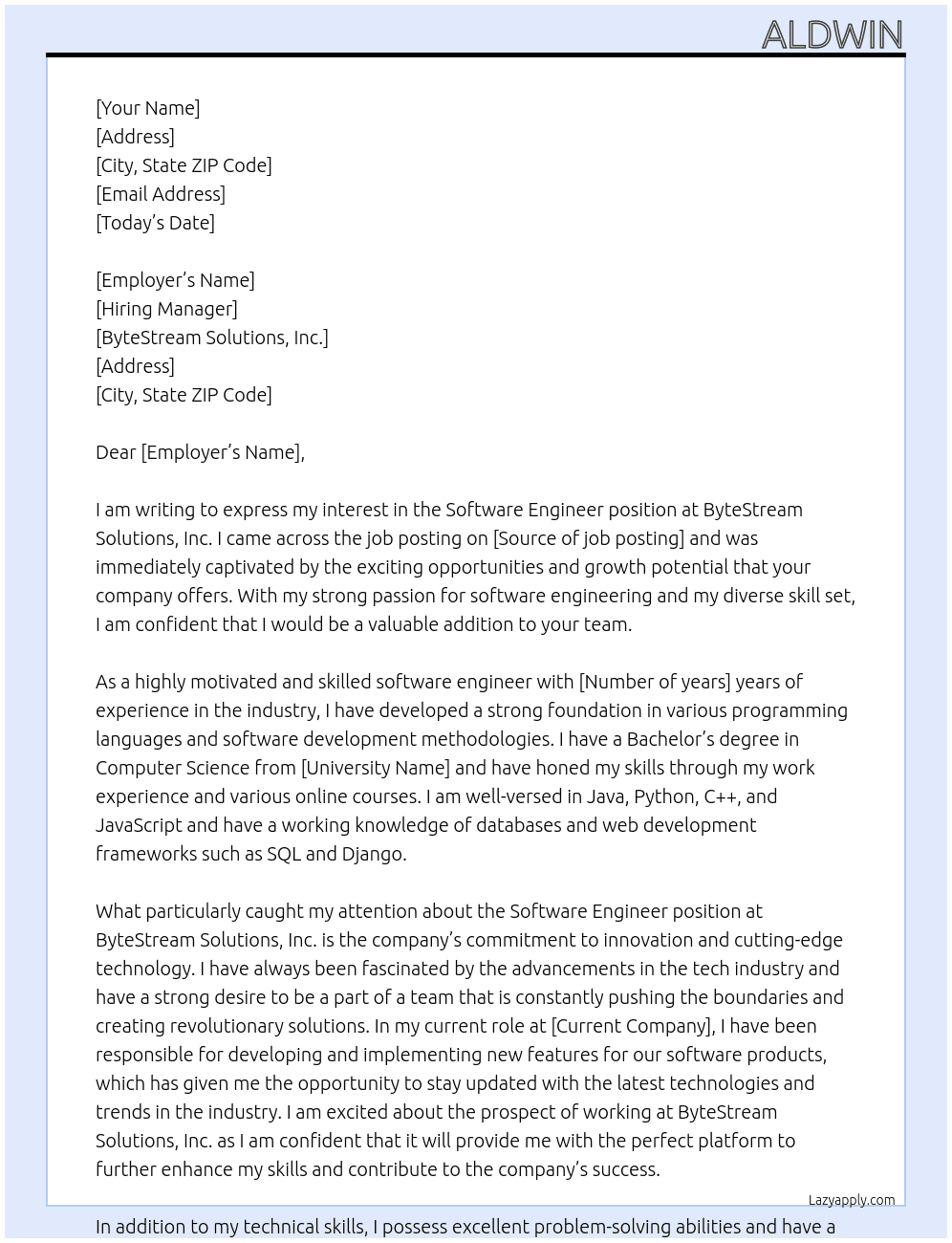 Software Engineer At ByteStream Solutions, Inc. Cover Letter