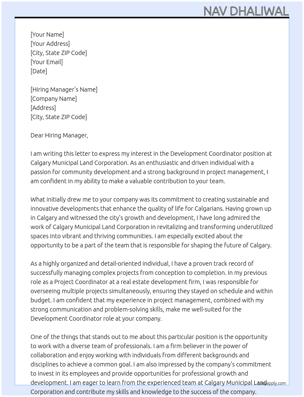 Development Coordinator  At Calgary Municipal Land Corporation  Cover Letter