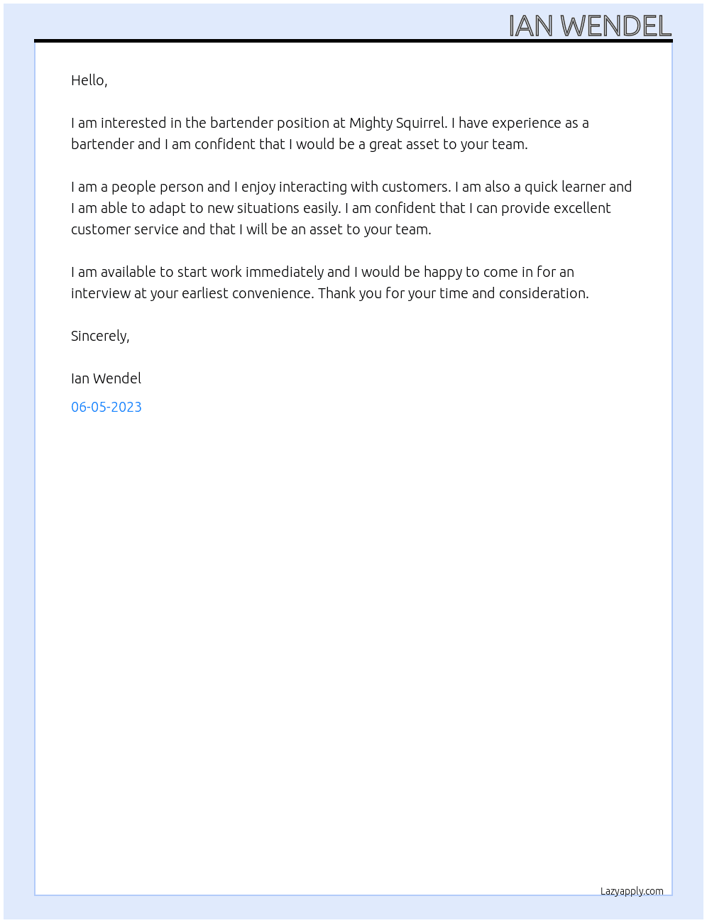 Bartender At Mighty Squirrel  Cover Letter