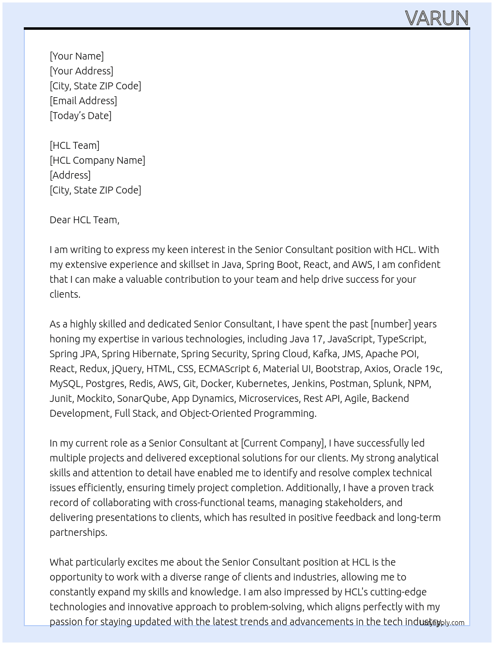 Senior Consultant At HCL Cover Letter